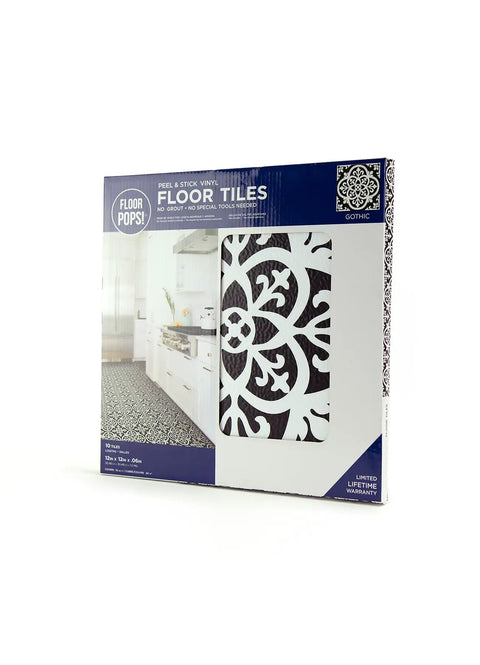 Packaging of Gothic Black Peel And Stick Floor Tiles For DIY Makeover Easy Install No Grout Water Resistant Durable Vinyl.
