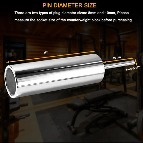 8mm Gym Cable Machine Weight Stack Extender Pin With Solid Steel Shaft And Extended Weight Horn For Quick Loading Of 2 Inch Olympic Plates Onto Existing Selector Stacks Built Tough Durable Easy Fit, chrome 6in extender pin with 8mm shaft size