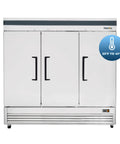 Pro Level Three Door Reach In Refrigerator 72 Cubic Feet Stainless Steel front view with three doors and temperature indicator.