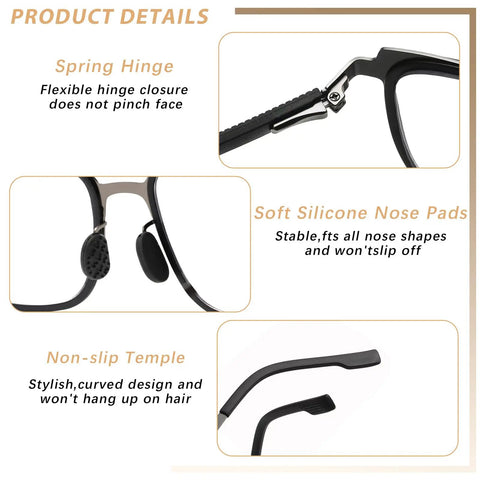Close-up of Bifocal Photochromic Reading Glasses For Women With Anti Blue Light UV Protection showing spring hinge and silicone nose pads.