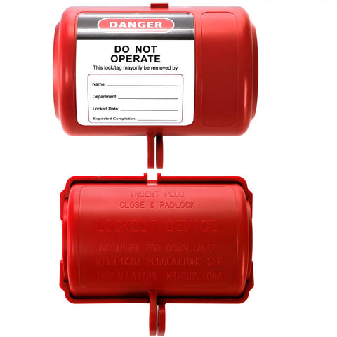 Two Pack Electrical Plug Lockout Kit For Lockout Tagout OSHA Compliant 110V And 220V Plug Locks With Two Safety Padlocks Simple Three Step Lockout For Home Shop Or Factory No Fuss System Included, red device with warning label
