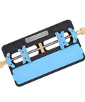 Dual Slot PCB Soldering Holder And Circuit Board Clamp Stand in blue and black, pro grade heat resistant steel, top view.