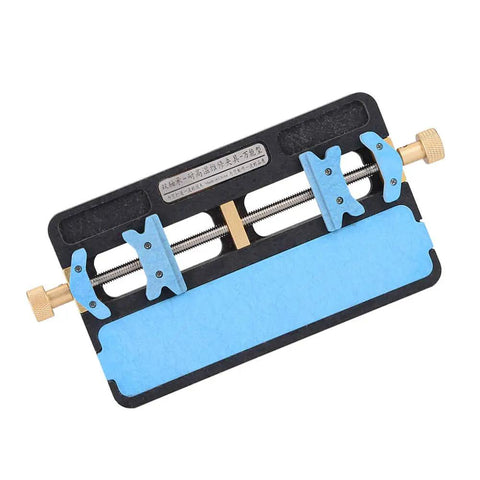 Dual Slot PCB Soldering Holder And Circuit Board Clamp Stand in blue and black, pro grade heat resistant steel, top view.
