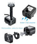 Solar Powered Bird Bath Fountain Pump With USB Charging Plug And Play Direct Sun Operation shows water inlet strainer