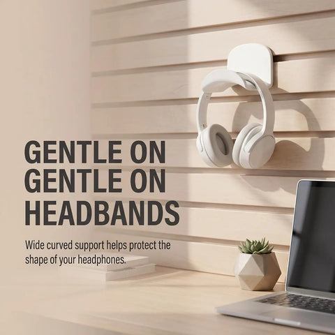 Kick Your Desk Game With 2 Adhesive Headphone Brackets on wall holding white headset, protective curved support for gaming earphones.