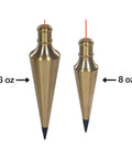 Pro Grade Plumb Bob Kit With 16 Oz And 8 Oz Brass Plumbs side by side, showcasing size and design for precise vertical alignment.