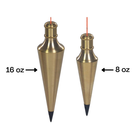 Pro Grade Plumb Bob Kit With 16 Oz And 8 Oz Brass Plumbs side by side, showcasing size and design for precise vertical alignment.
