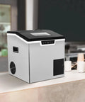 Two In One Countertop Cube Maker And Crushed Ice Crusher With Bright LCD Display, sleek silver design, compact for easy kitchen use.