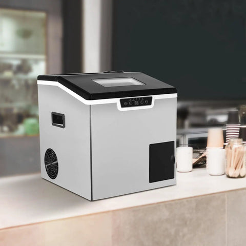 Two In One Countertop Cube Maker And Crushed Ice Crusher With Bright LCD Display, sleek silver design, compact for easy kitchen use.