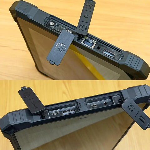 Handle any grueling shift with this rugged 10.1 inch Windows 11 Pro tablet showcasing rugged ports and seals for connectivity.
