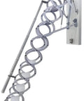 Electric Attic Ladder Remote Control Folding Telescoping Loft Stairs Pull Down Design Silver from ceiling, showing mechanism and ladder.