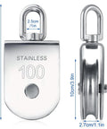 Heavy Duty Single Pulley Block With Swivel For Lifting Ropes 3300 Lbs Capacity Stainless Steel Roller Pulley Block For Hoisting And Rigging Durable Construction Industrial Grade shown front and side view with measurements.