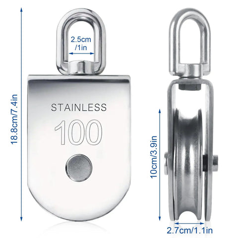 Heavy Duty Single Pulley Block With Swivel For Lifting Ropes 3300 Lbs Capacity Stainless Steel Roller Pulley Block For Hoisting And Rigging Durable Construction Industrial Grade shown front and side view with measurements.