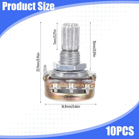 10 Pack Dope B10K Potentiometer 3 Pin 15mm Linear Ohm Variable Resistor with dimensions and smooth turn knob for DIY projects