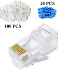 RJ45 Crimp Tool Kit For Cat5 And Cat5e Installations With 100 RJ45 connectors and 20 connector covers displayed