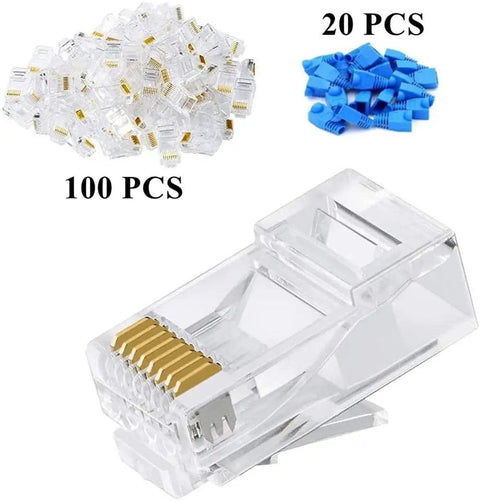 RJ45 Crimp Tool Kit For Cat5 And Cat5e Installations With 100 RJ45 connectors and 20 connector covers displayed
