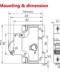 Dimensions and mounting details for Pro Grade 2 Pole MCB DIN Rail Circuit Breaker With Heavy Duty 40 Amp C Curve Trip.