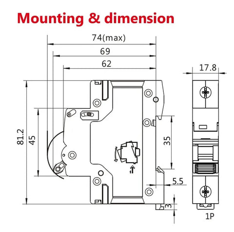 Dimensions and mounting details for Pro Grade 2 Pole MCB DIN Rail Circuit Breaker With Heavy Duty 40 Amp C Curve Trip.
