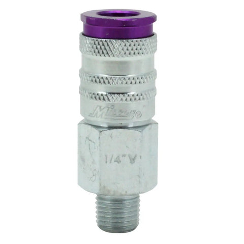 ColorFit HighFlowPRO V-Style Purple Quarter Inch NPT Male Pneumatic Coupler with silver metallic body for air tools