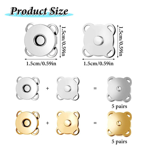 Ten Piece Plum Magnetic Snap Buttons Set for Sewing 15mm Purse Snaps size chart with silver and gold finishes