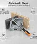 Hefty Heavy Duty Single Handle Right Angle Clamp Locks Metal And Wood At Precise 90 Degrees For Perfect Squared Joints During Fabrication Gluing And Assembly Projects With No Shifting, showing clamp in use with wood and metal.
