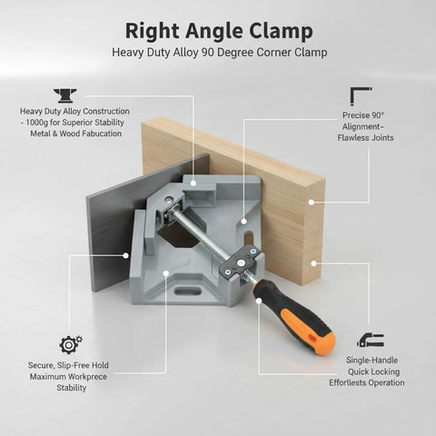 Hefty Heavy Duty Single Handle Right Angle Clamp Locks Metal And Wood At Precise 90 Degrees For Perfect Squared Joints During Fabrication Gluing And Assembly Projects With No Shifting, showing clamp in use with wood and metal.