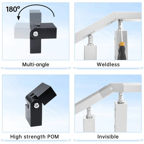 Vertical Pivot Connector For Flat Handrails 0 To 90 Degree Adjustable Fittings For HT10 HL10 HL14 Stair Rails Heavy Duty POM Material 2 Pack HA23 BNP Easy Install And Rock Solid Support showing multi-angle and weldless installation
