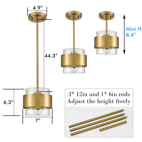Dope Modern Brass Pendant Light With Clear Glass Shade, Adjustable Height Up To 59 Inches, ETL Listed, adjustable rods shown