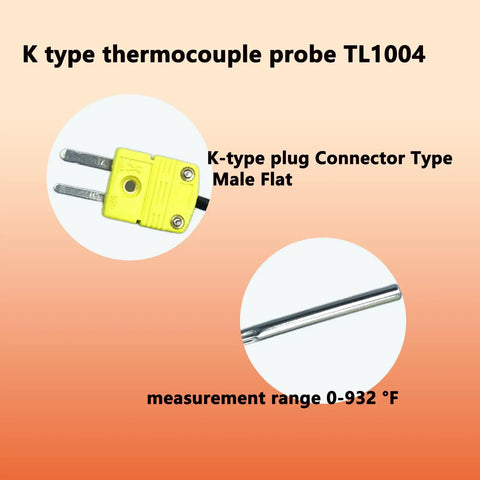Universal K Type Thermocouple Probe TL1004 For K Type Thermometers, pro grade metal probe visible, 0 to 935 Fahrenheit range.