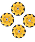 Four yellow 48mm mecanum wheels with rubber-coated rims for DIY robot cars.