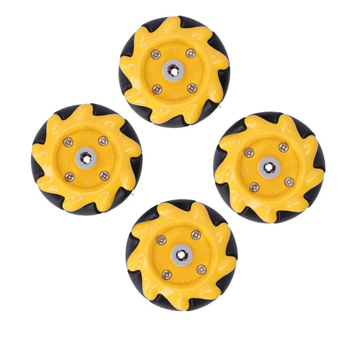 Four yellow 48mm mecanum wheels with black tires for omnidirectional robot cars