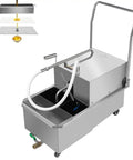 Top Shelf Heavy Duty Commercial Deep Fryer Oil Filter Machine 55 Liter 14 Gallon Hella Durable Stainless Steel Cart for easy oil filtering.