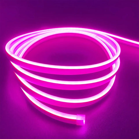 Pink 12V Waterproof LED Silicone Neon Light Strip Rope Light 16.4 Ft 5m Cuttable glowing, flexible loop on dark background