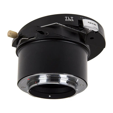 TLT ROKR Tilt Shift Lens Mount Adapter For Hasselblad V Mount Lenses To Sony E Mount Cameras With 20mm Shift 10 Degree Tilt And 360 Degree Rotation black metal adapter front view with shift lever