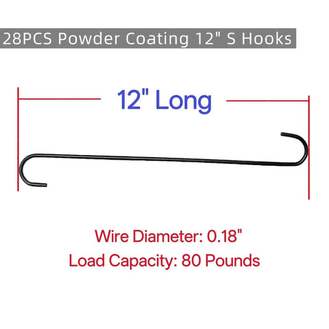 Twenty Eight Pack Badass Twelve Inch Wire S Hooks Engineered For Heavy Duty Powder Coating And Spray Painting Jobs While Keeping Your Shop Gear Tidy And Secure, with 0.18" diameter.