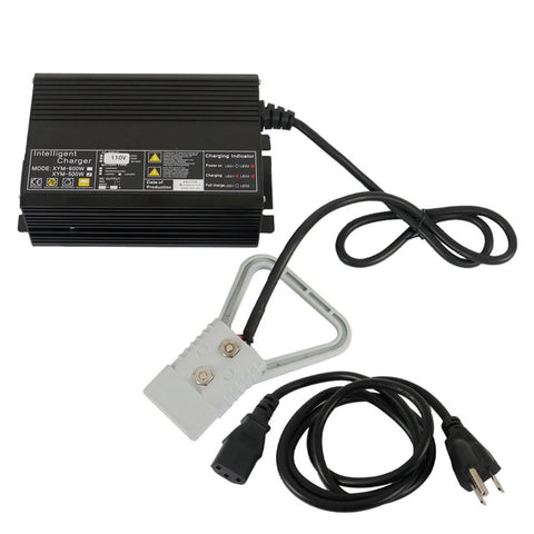 24V 15A Floor Scrubber And Pallet Jack Battery Charger With SB175 Red Connector Delivers Fast 15 Amp Charge Replacement For Tennant T3 T5 T7 T300 Industrial Floor Care Equipment, showing black charger unit with cables and connectors.