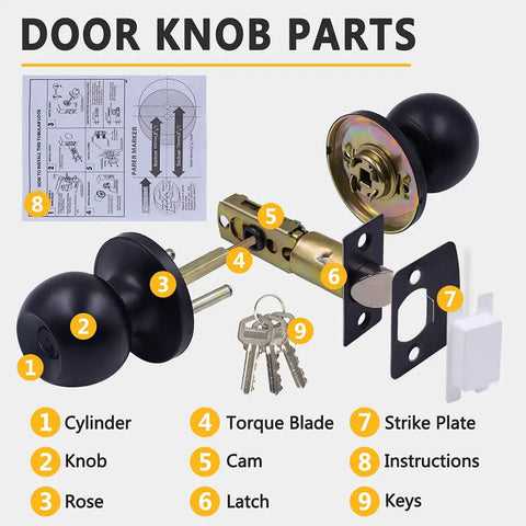 Four Pack Matte Black Keyed Entry Door Knobs Not Keyed Alike For Bedroom And Bathroom parts display with instructions and keys