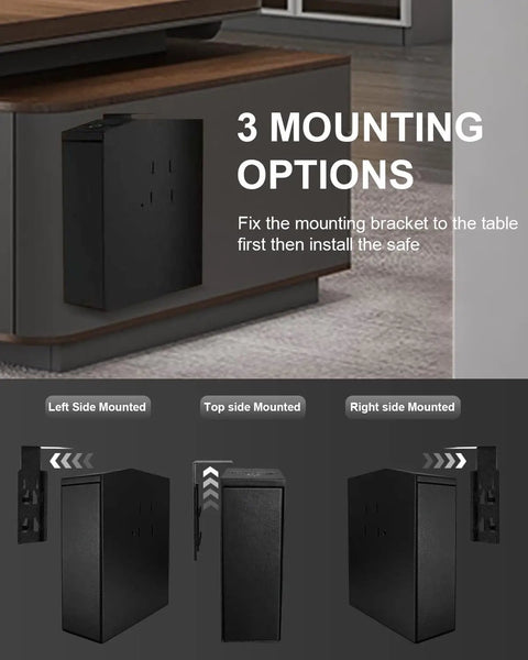 0.1 Second Quick Access Pistol Safe With Auto Sliding Door mounted under bedside table showing three installation options