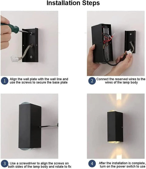 Installation steps for Modern Led Outdoor Wall Sconce,2-Pack 20w Updown Wall Wash Light,Black Metal Ip65 on a wall.