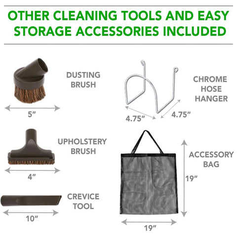 OVO Central Vacuum Deluxe Plus Kit: five cleaning tools and storage bag with chrome hose hanger.