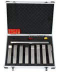 Open case showing Beefed Up 1 Inch Shank Heavy Duty Indexable Carbide Lathe Tool Holder Set With Boring Bar 9 Pieces CNC Nickel Plated Insert Holders