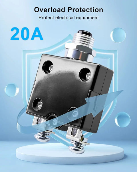 Heavy Duty 20 Amp Circuit Breaker And Overload Protector For Electrical Panels in black with connection terminals, designed for overload protection.