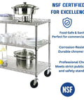 Heavy Duty 3 Tier Rolling Utility Cart On Wheels With Wire Shelves And Handle Bar 45L By 17.5D By 45H Commercial Grade Metal