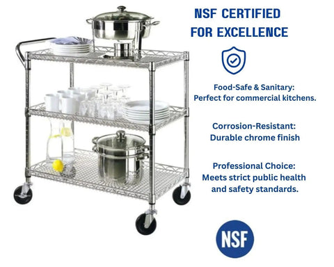 Heavy Duty 3 Tier Rolling Utility Cart On Wheels With Wire Shelves And Handle Bar 45L By 17.5D By 45H Commercial Grade Metal