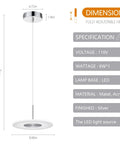 Insta Worthy Modern Chrome Pendant Light With 6000K LED Ceiling Fixture showing dimensions and specifications.