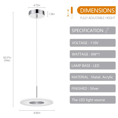 Insta Worthy Modern Chrome Pendant Light With 6000K LED Ceiling Fixture showing dimensions and specifications.