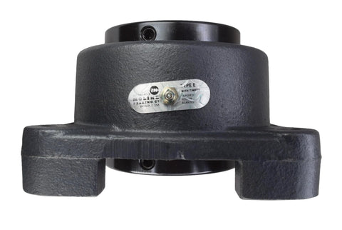 Front view of Moline 3-inch Type-E four-bolt flange bearing in black cast-iron housing.