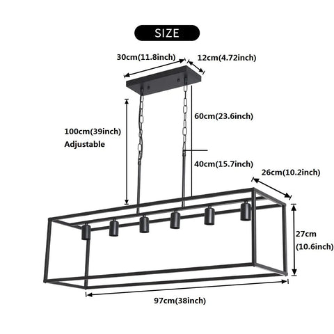 Diagram of 6 Light Rectangle Black Pendant Chandelier With Adjustable Stems showing dimensions and design details.