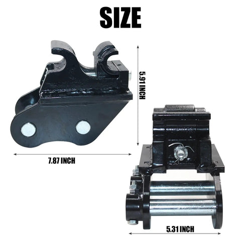 Side and top views of Mechanical Quick Change Hitch Coupler for Mini Excavators 0.6-3 Ton, showing dimensions 7.87 and 5.31 inches.