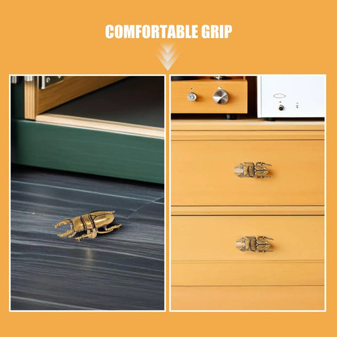 Vintage brass beetle cabinet drawer pulls showcased on drawers, enhancing home renovations and stylish upgrades.